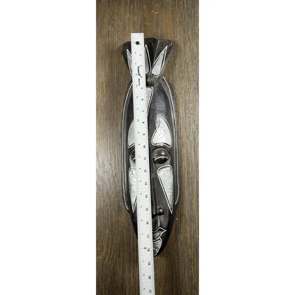 Vintage Ghana Hand Carved Wood Wall Mask Silver Metal 20” African Art